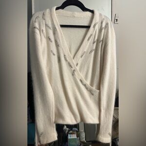 Vintage Cream Cashmere / Mohair (?) Crossover V Neck Sweater w Crystal Beading
